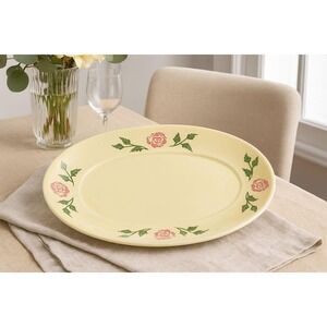 Vintage Floral Oval Serving Platter Yellow Pink Rose Ceramic 16x12